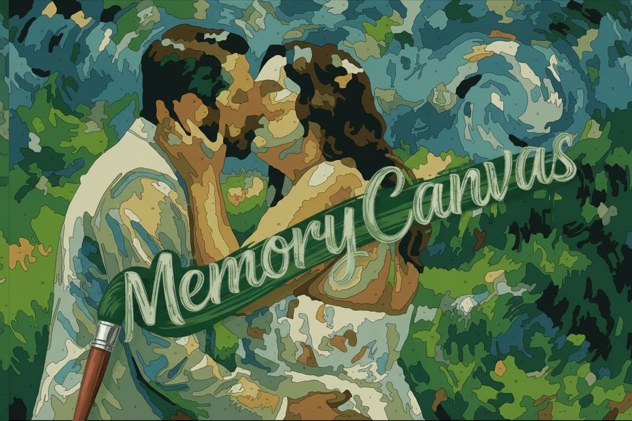 A painted-style canvas showing a couple embracing — a Memory Canvas artistic style result